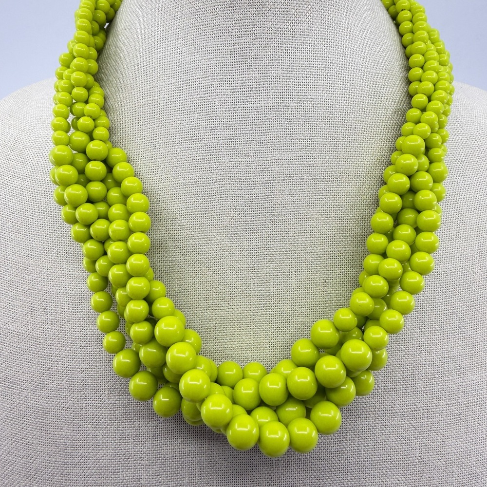Vibrant Lime Green Multi-Strand Beaded Statement Necklace Boho Layering Style